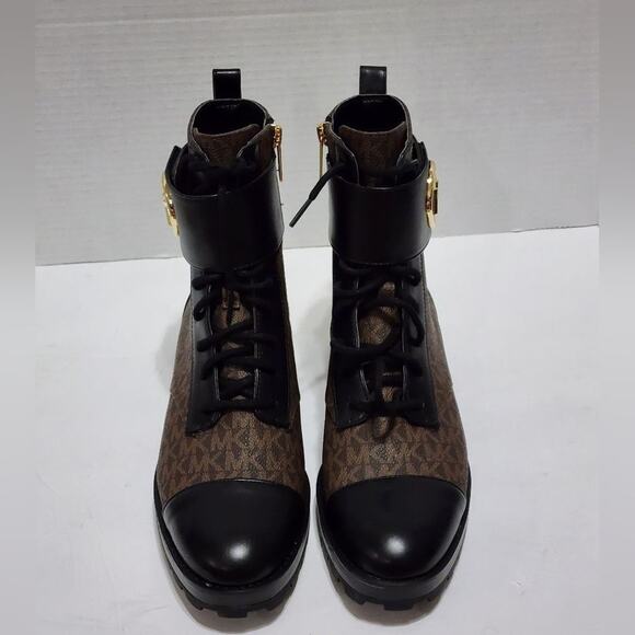 Michael Kors Tatum black and brown logo lace up biker boots size 8.5 new - Picture 4 of 13